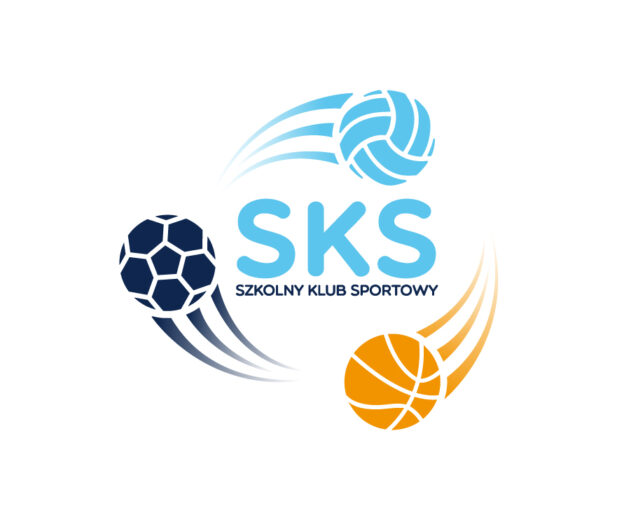 Logo programu Szkolny Klub Sportowy. Napis SKS i trzy piłki dookoła, nożna, ręczna i siatkowa